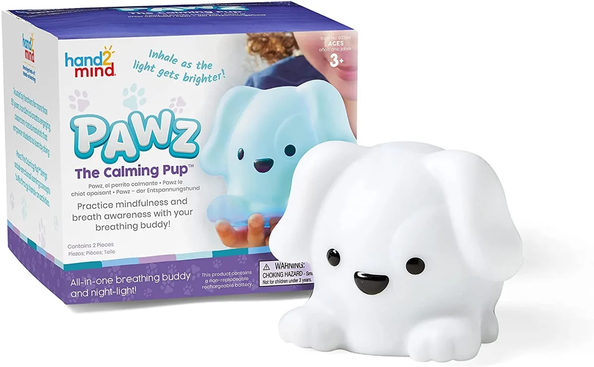 PAWZ the Calming Pup breathing buddy night-light beside its box