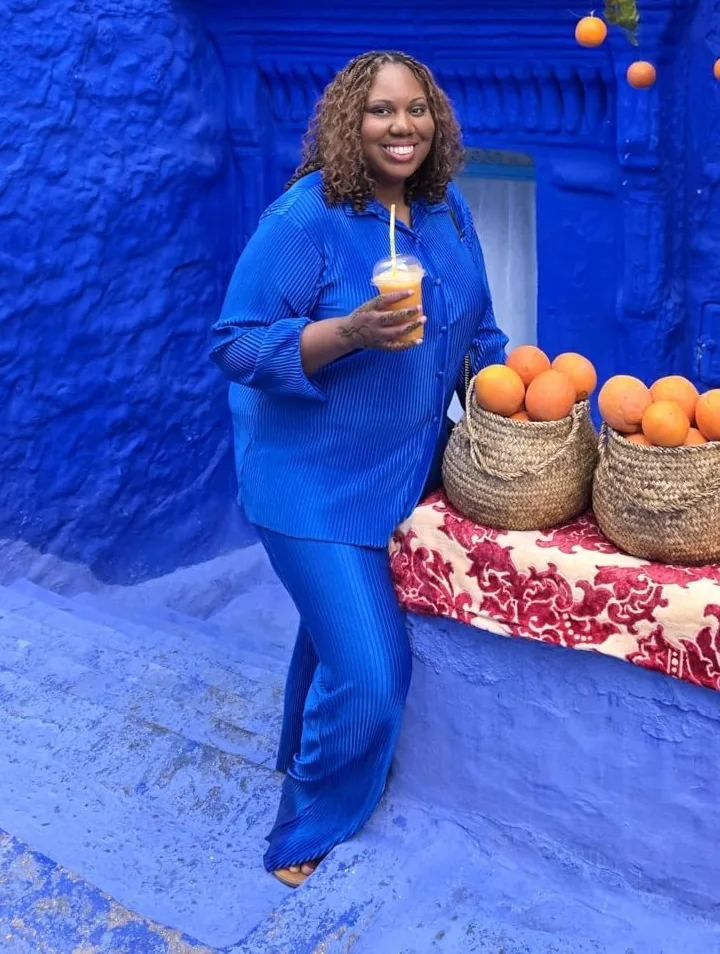 Royal blue pleated button-down shirt and matching wide-leg pants