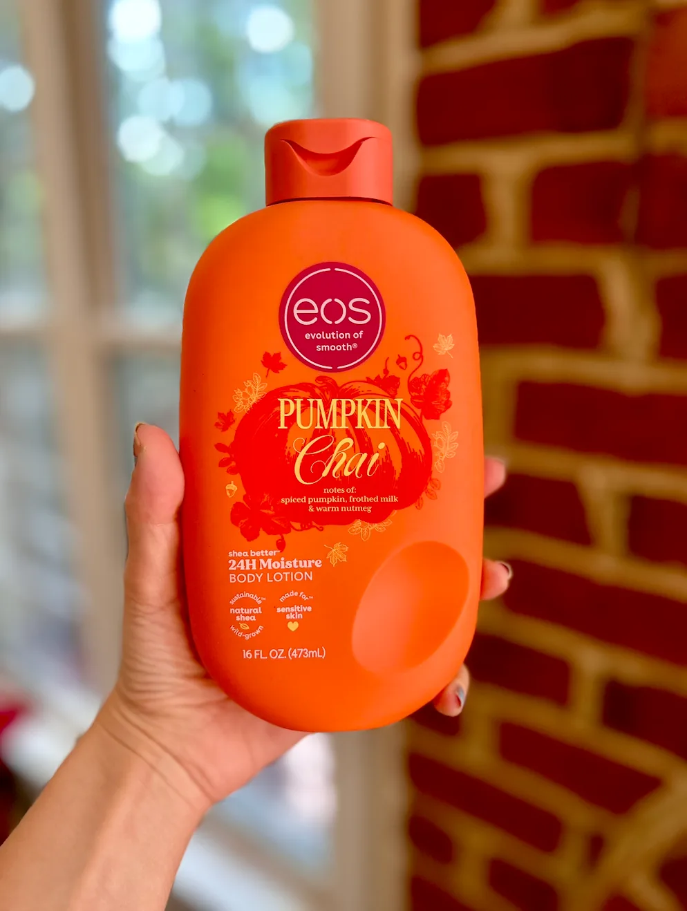 Hand holding a bottle of pumpkin chai shea body lotion