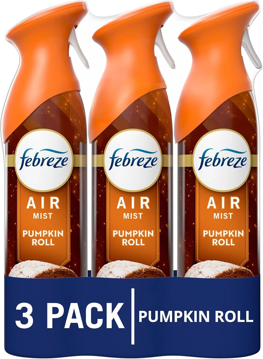 Bottles of Febreze Pumpkin Roll air mist with orange caps
