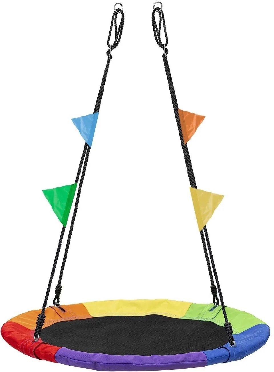 Rainbow saucer swing with colorful flags on the ropes