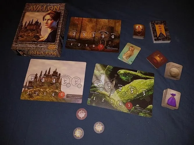 The Resistance Avalon character cards and tokens laid out on a table