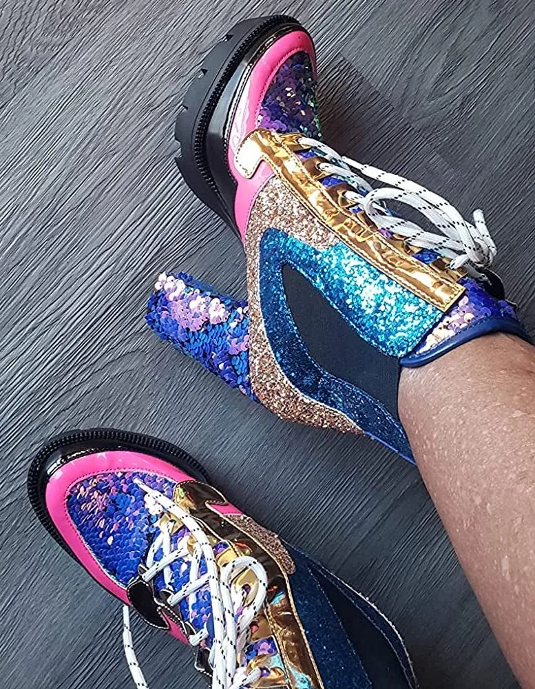 Sequin and glitter platform boots