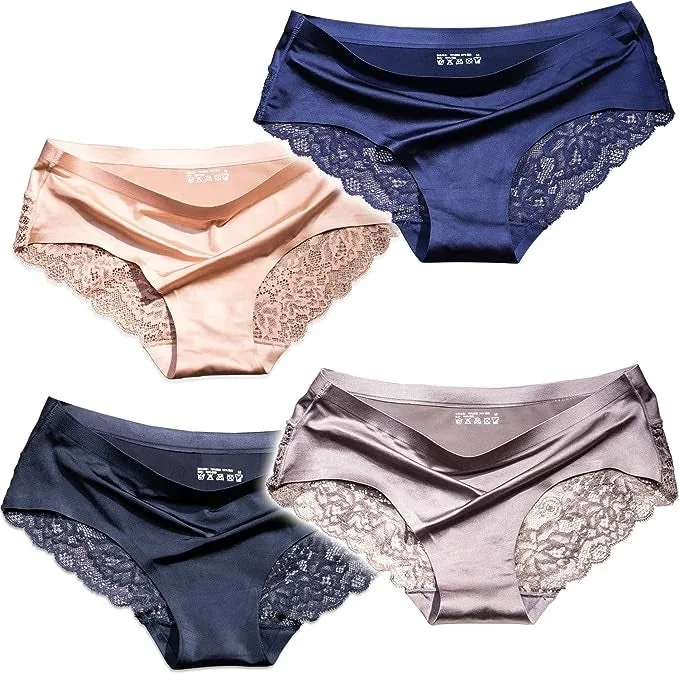 Satin seamless panties with lace backs in navy, blush and mauve