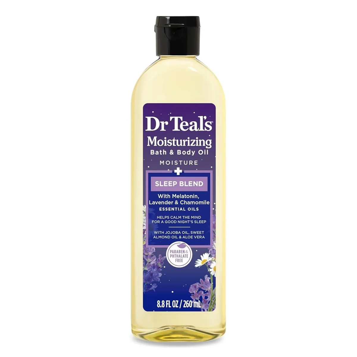 Bottle of moisturizing bath and body oil in a lavender sleep blend