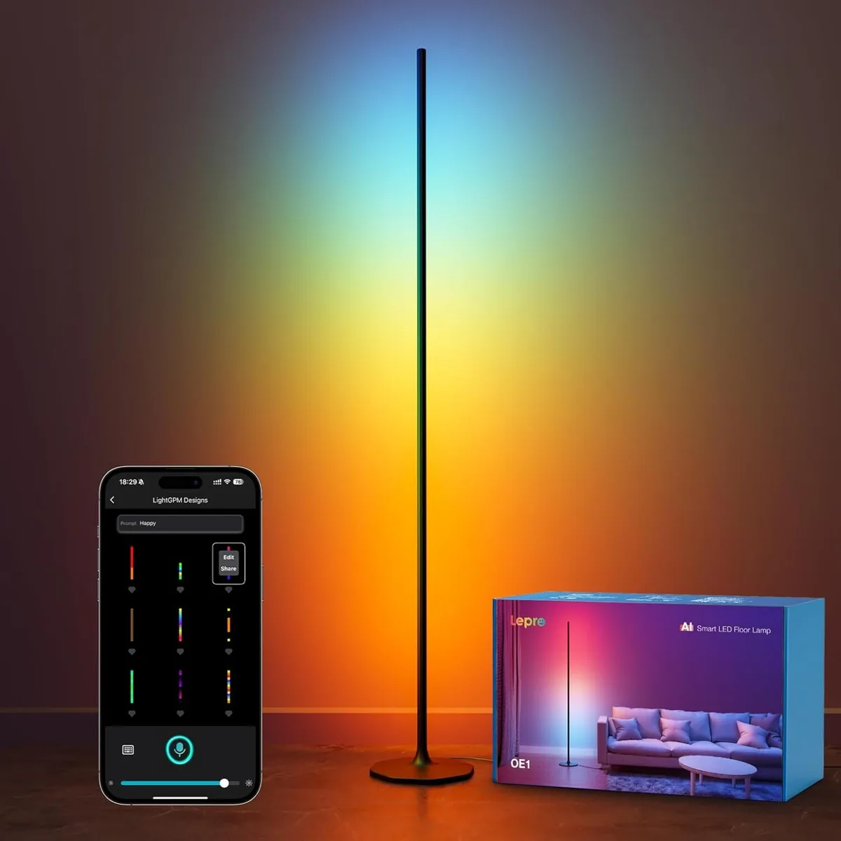 Slim smart LED floor lamp casting a rainbow glow on the wall next to its app on a phone