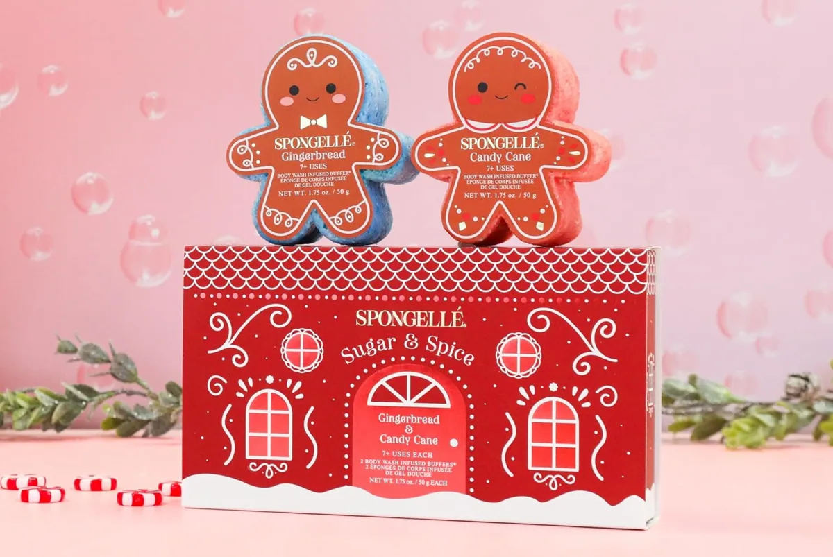 Spongelle holiday gift set with two gingerbread-shaped body wash buffers