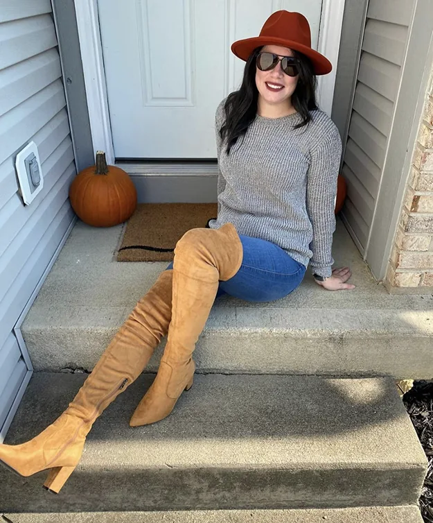 Suede over-the-knee boots with a pointed toe and block heel