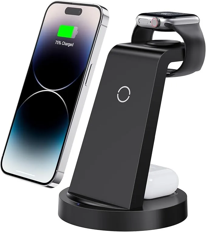Black three-in-one charging dock with an iPhone, Apple Watch and AirPods