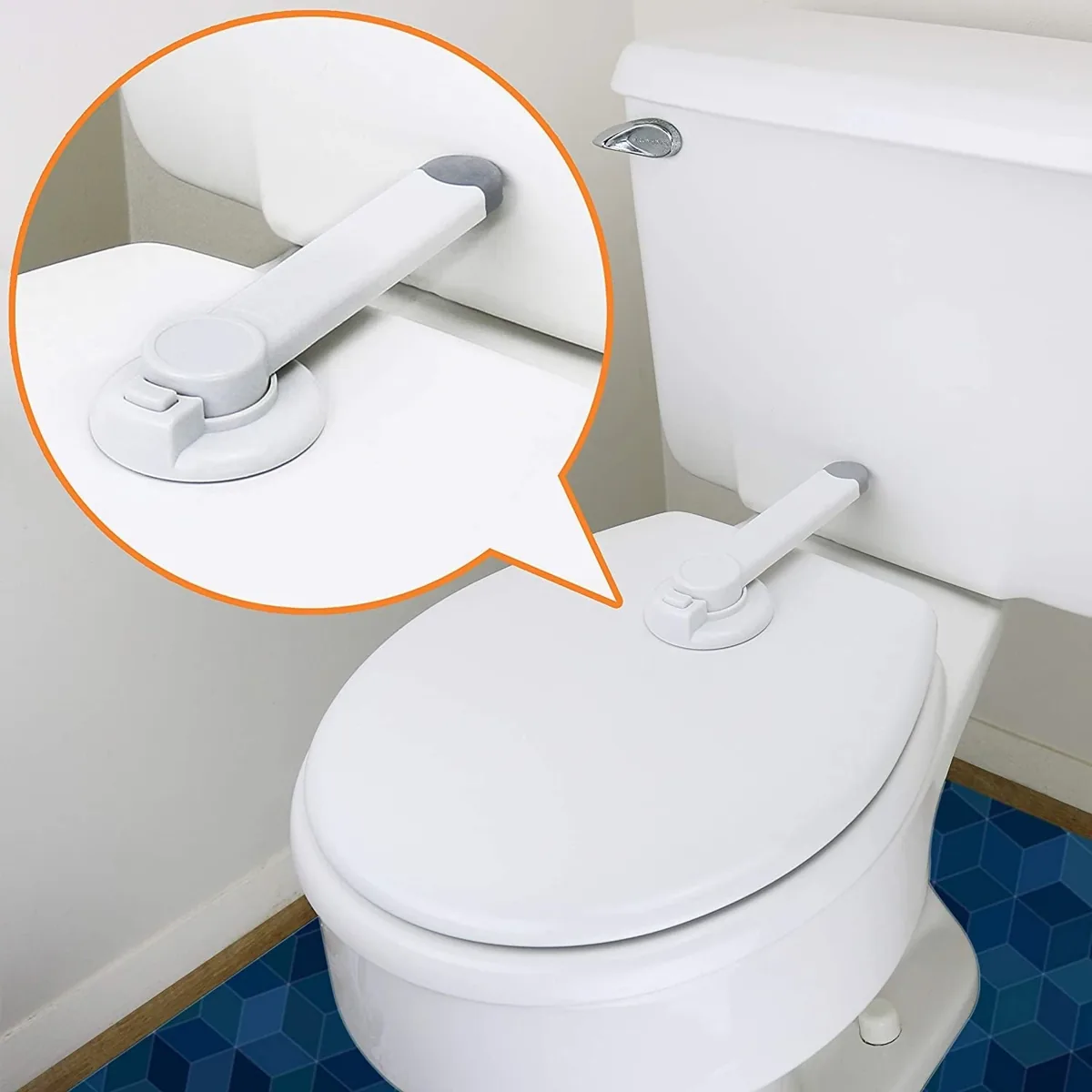 White toilet lid lock with a swing arm installed on a toilet
