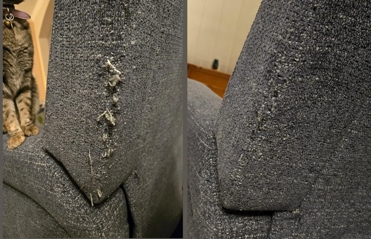 Upholstered chair arm with cat scratch snags and the same arm after the snags were pulled in