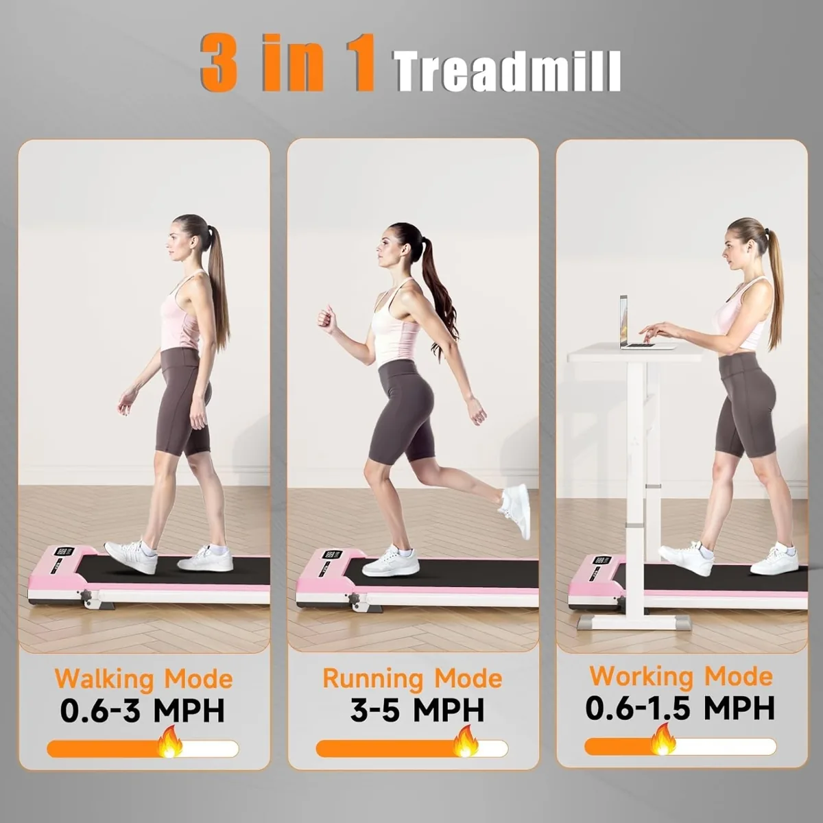 Walking pad with folding handlebar shown in walking, running and desk modes