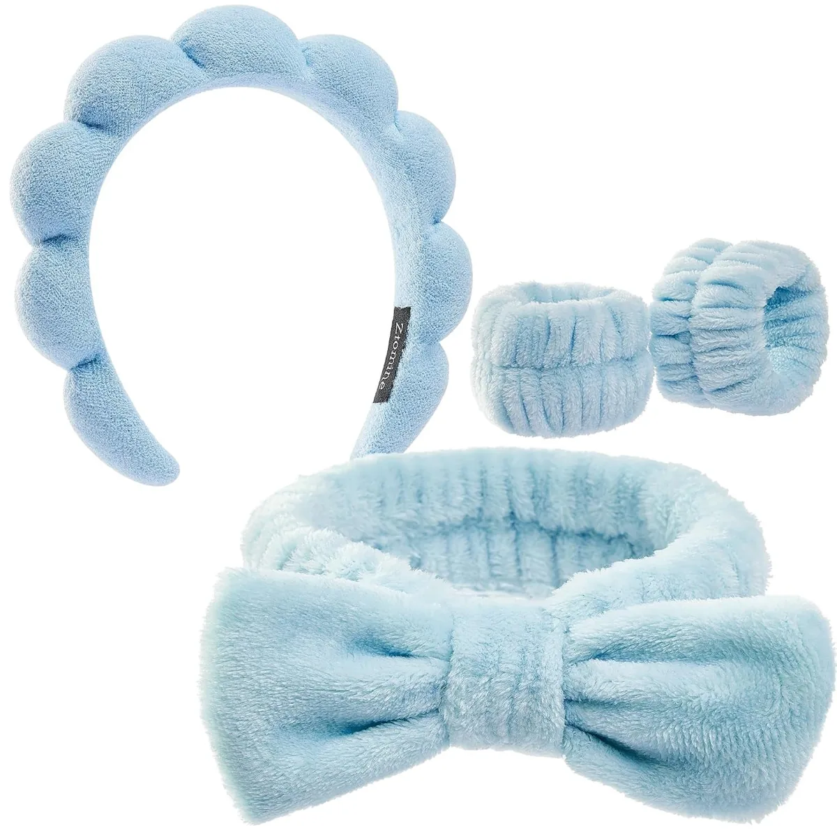 Blue plush puffy headband, bow headband and wristbands set
